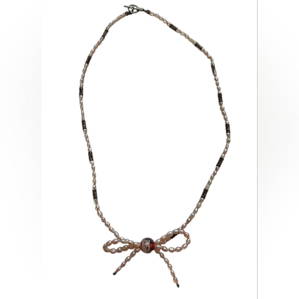 Vintage artisan freshwater rice pearl bow necklace with Murano lampwork bead